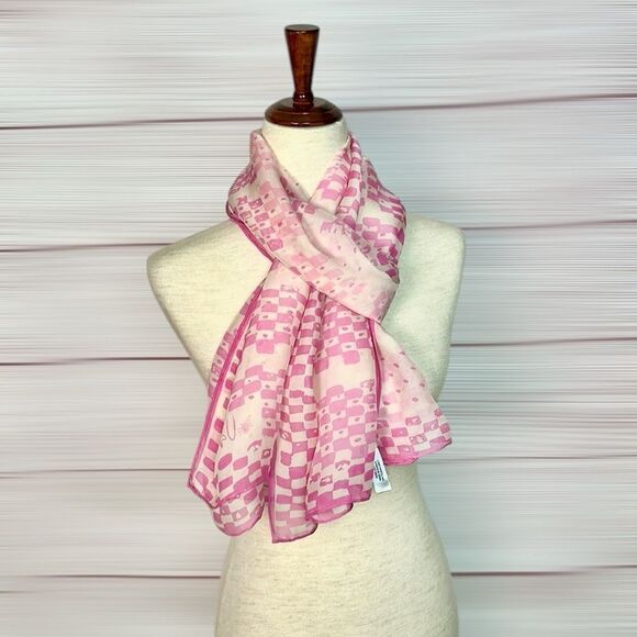 Vera Neumann Large Silk Chiffon Rectangle Scarf Pink Ivory Hand Rolled 27x68” - Picture 7 of 11